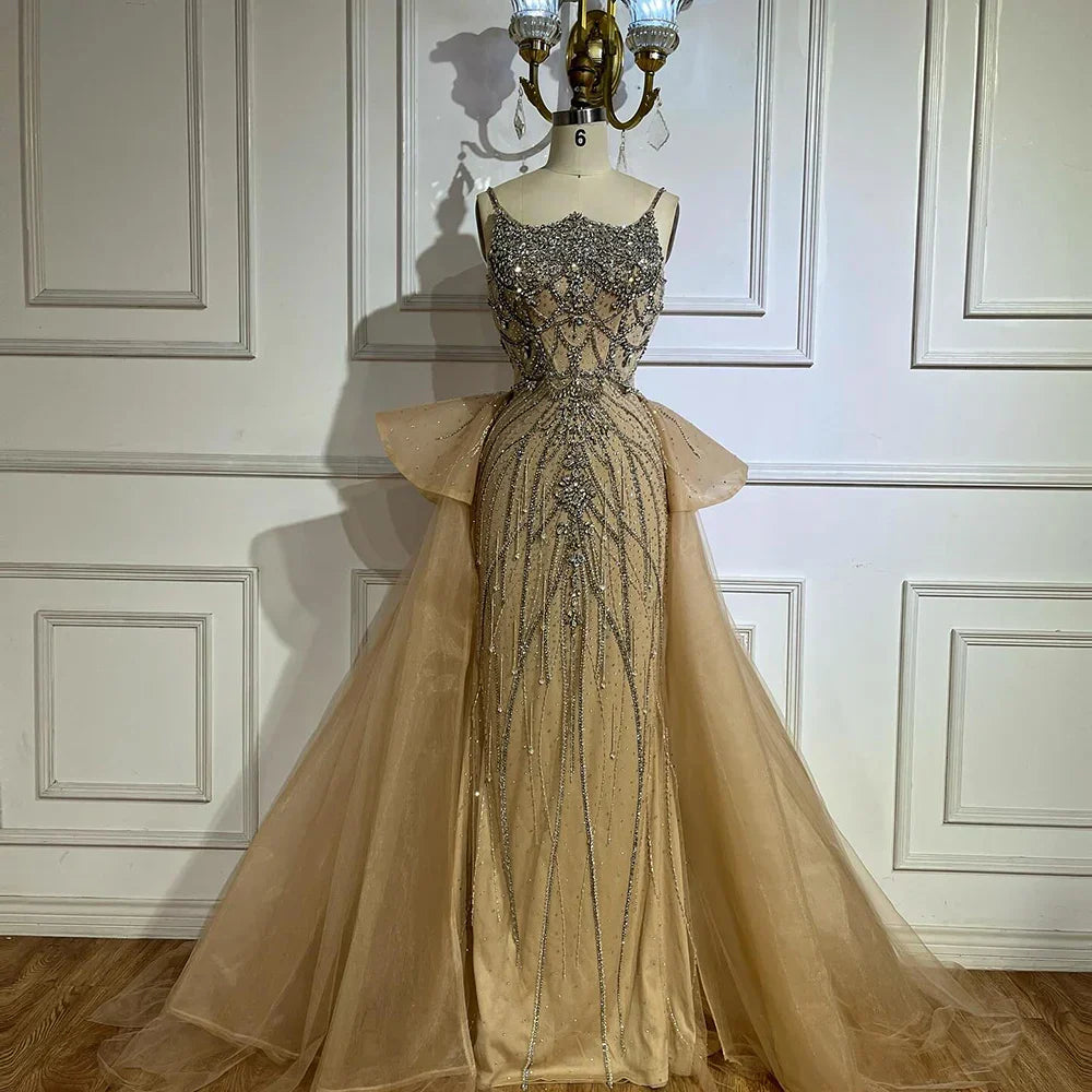 Luxury Dubai Nude Saudi Beaded Spaghetti Strap Evening Dress with Overskirt LA72810