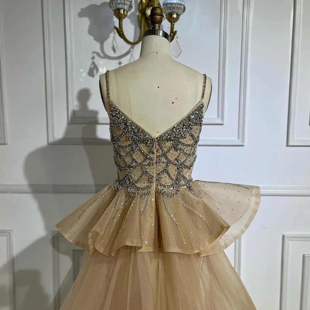 Luxury Dubai Nude Saudi Beaded Spaghetti Strap Evening Dress with Overskirt LA72810