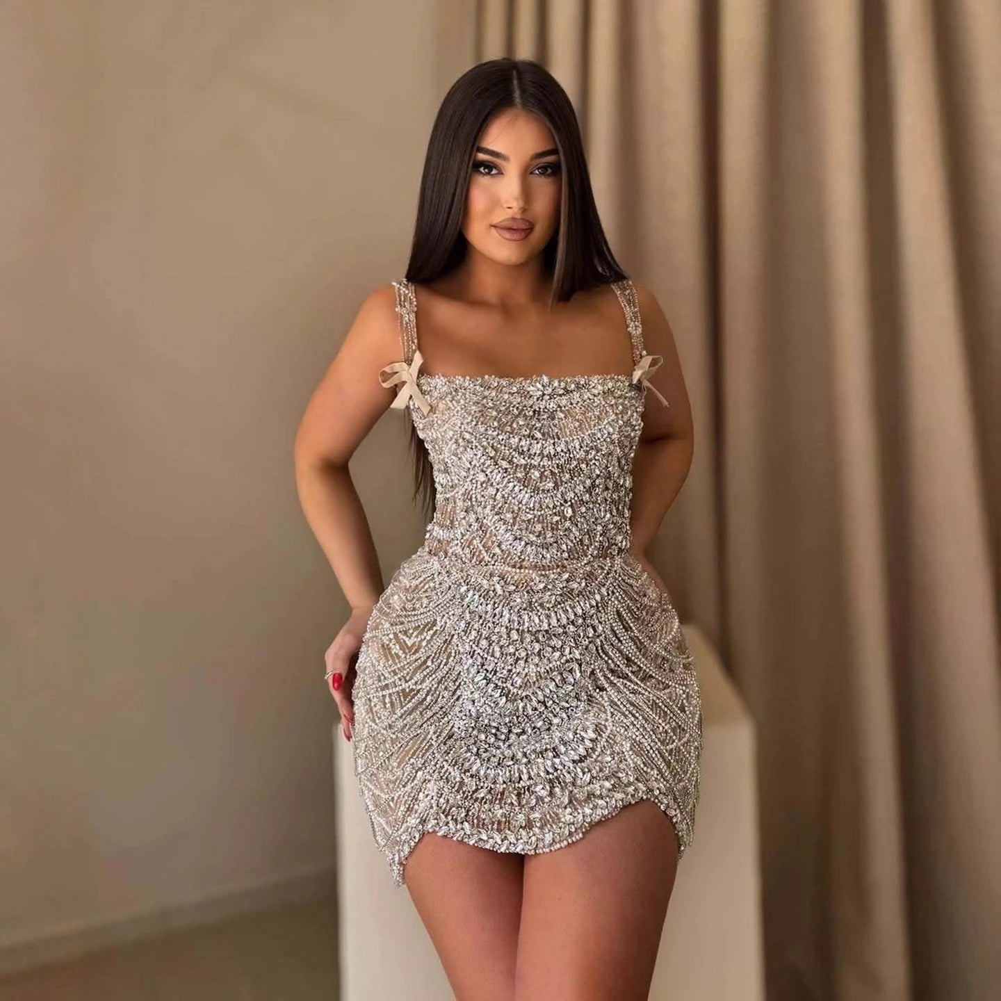 Luxury Nude Stone Strap Mini Cocktail Dress LA72983B