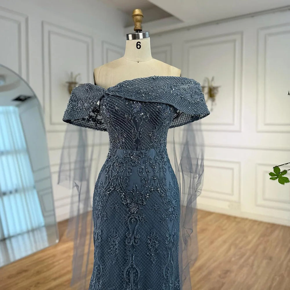 Luxury Blue Lace Off Shoulder Evening Dress for Women LA73125