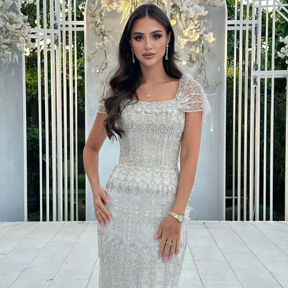 Luxury White Mermaid Square Neck Short Sleeves Evening Dresses LA72714