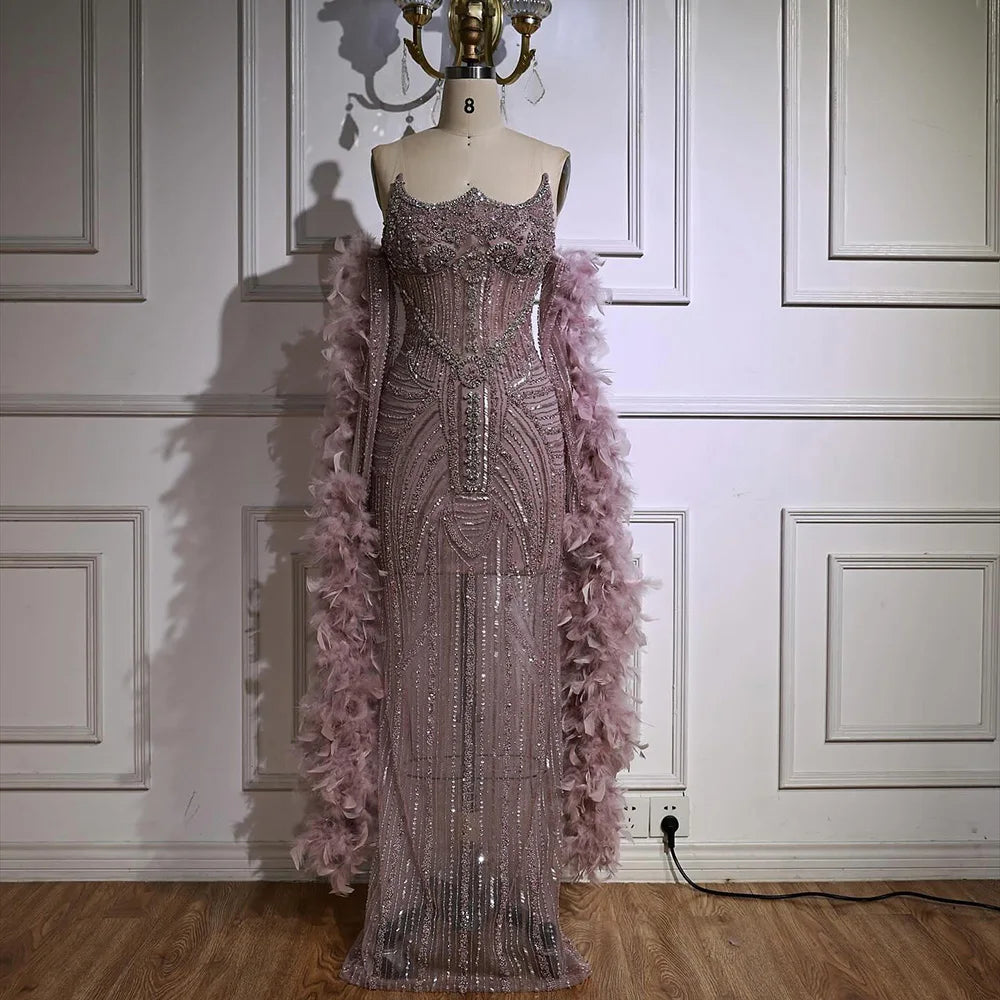 Luxury Caramel Beaded Mermaid Evening Dress with Feather Sleeves LA73055