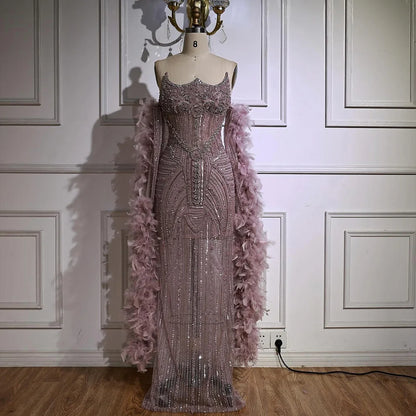Luxury Caramel Beaded Mermaid Evening Dress with Feather Sleeves LA73055