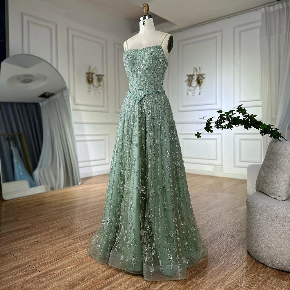 Luxury Sage Green Beaded A Line Spaghetti Strap Evening Dresses Gown LA72805