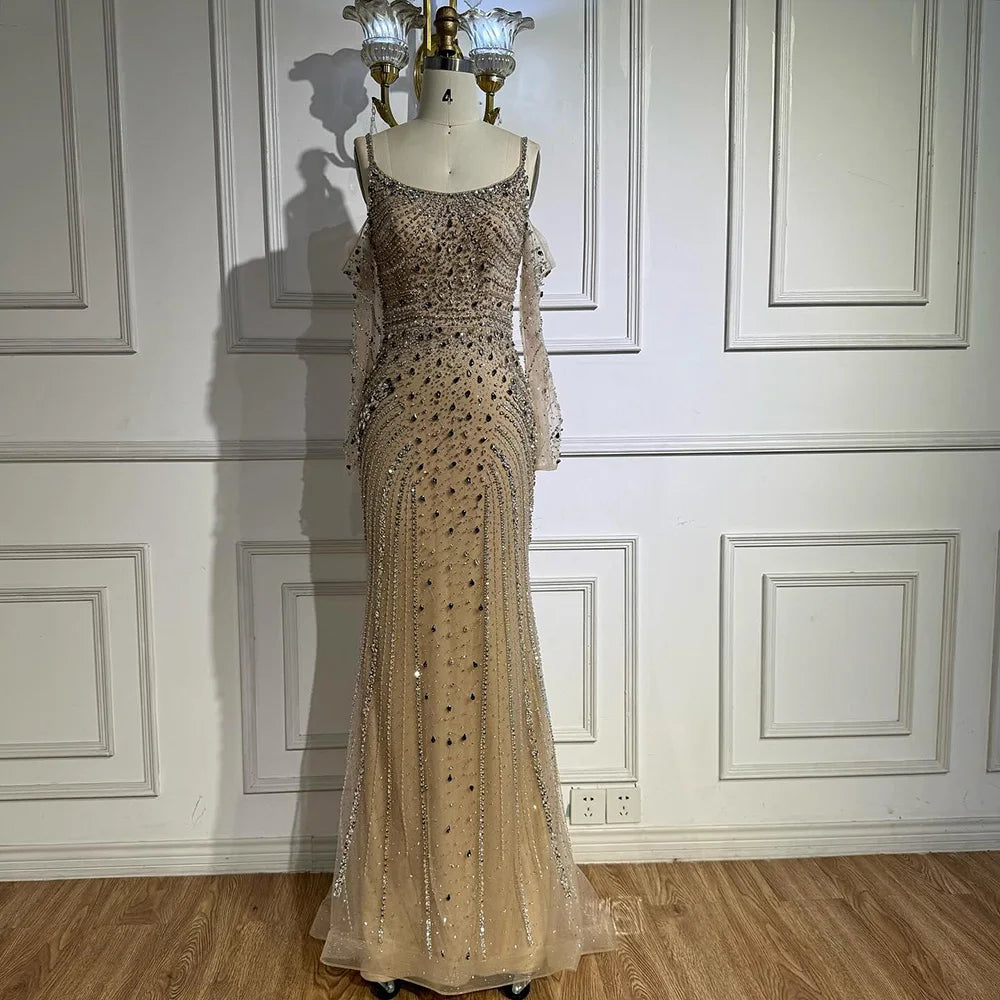 Luxury Nude Navy Blue Beaded Evening Dress with Long Sleeves LA73120