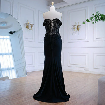 Classy Black Off-Shoulder Lace Prom Dress LA72999