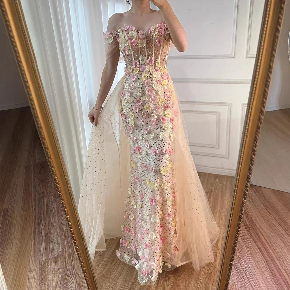 Luxury Nude Floral Beaded Off-Shoulder Corset Evening Dress with Overskirt LA72861