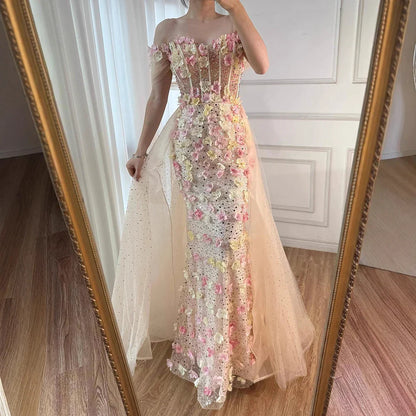 Luxury Nude Floral Beaded Off Shoulder   Evening Dress with Overskirt LA72861