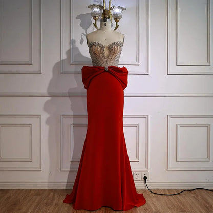 Luxury Red Satin Evening Dress with Bow Designer Gown LA73060