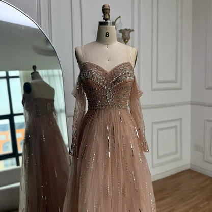 Luxury Caramel Crystal Beaded   Long Sleeve Mermaid Evening Dress LA73130