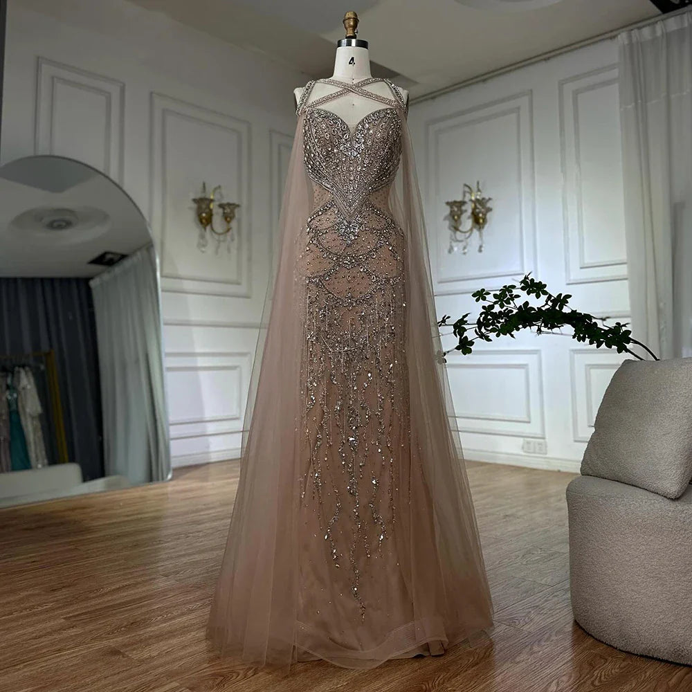 Luxury Nude Cape Sleeves Beaded Crystal Evening Dress LA72806