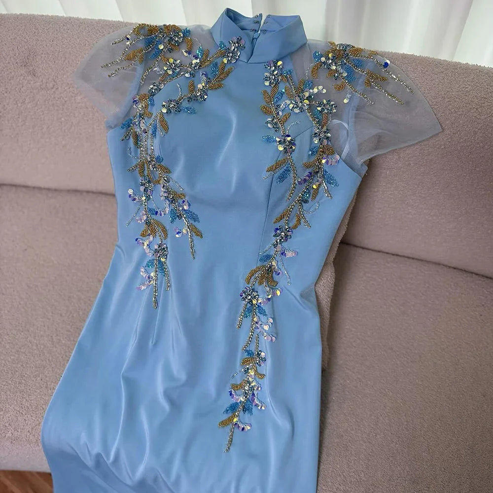 Luxury Mint Beaded Satin Mermaid Evening Dress with Corset LA72797