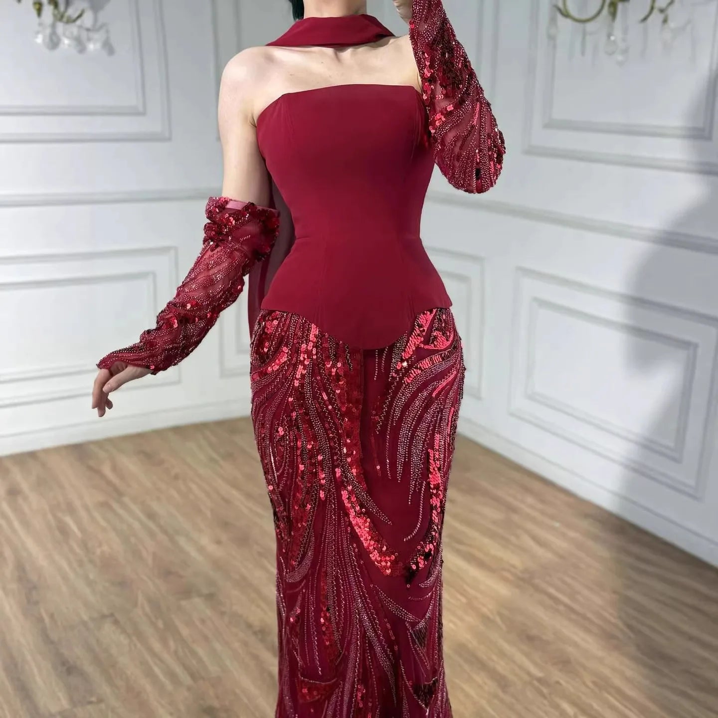 Luxury Wine Red Mermaid Evening Dress With Gloves LA73050E