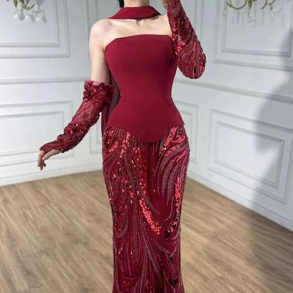 Luxury Wine Red Mermaid Evening Dress With Gloves LA73050E