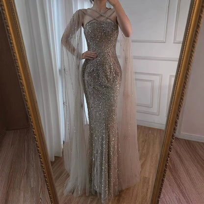 Caramel Cape Sleeves Beaded Mermaid Luxury Dubai Evening Dress LA71905B