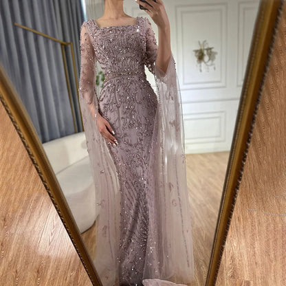 Luxury Turquoise Evening Dress With Cape Sleeves Square Neck LA72400