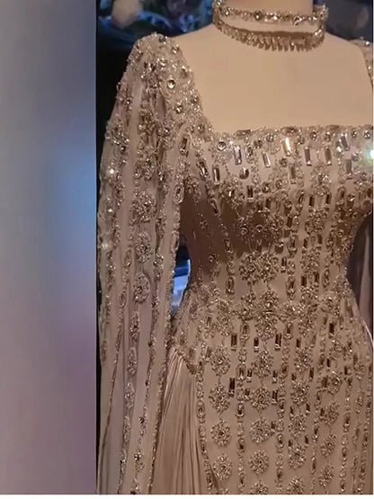 Luxury Nude Dubai Crystal Evening Dress with Cape LA73272