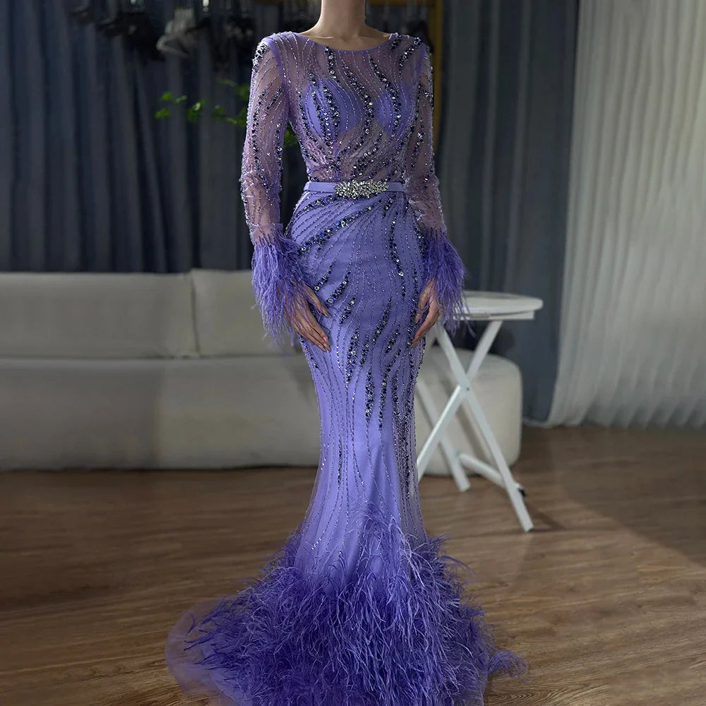 Serene Hill Elegant Mermaid Evening Dress Arabic Purple Beaded Feathers | Luxury Gown for Women's Wedding Party  LA72367