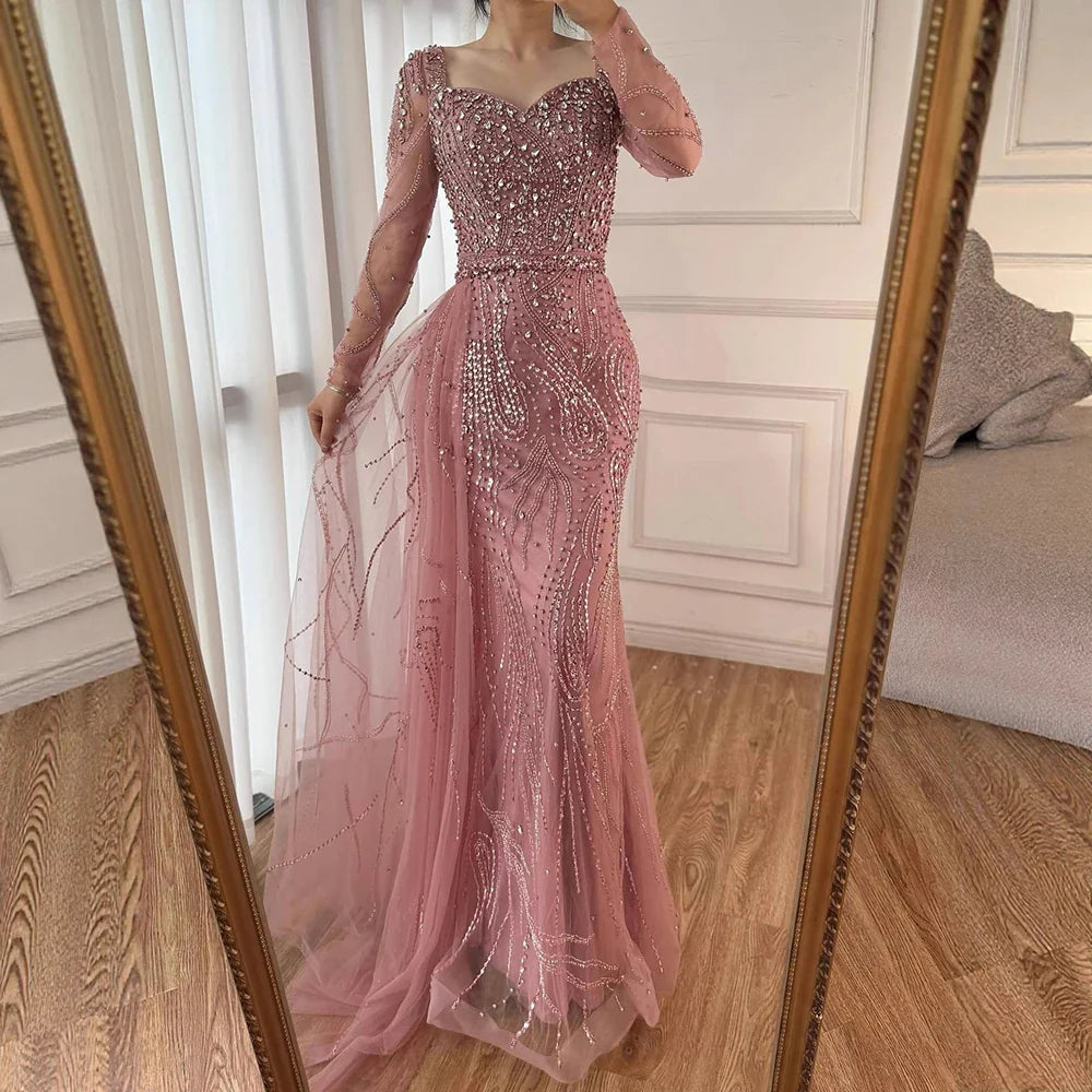 Muslim Pink Elegant Mermaid Gowns with Long Sleeve LA72441