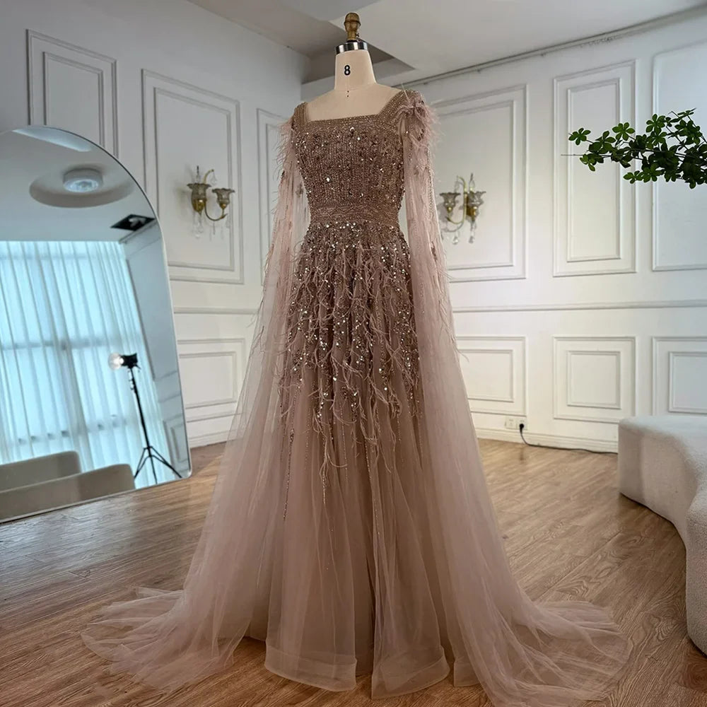 Elegant Blue Beaded Feather A-Line Evening Dress With Cape  LA73043