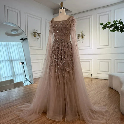 Elegant Blue Beaded Feather A-Line Evening Dress With Cape  LA73043