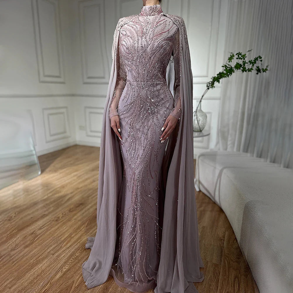 Luxury Muslim Sage Green Evening Dresses Gowns with Cape Long Sleeves LA72413A