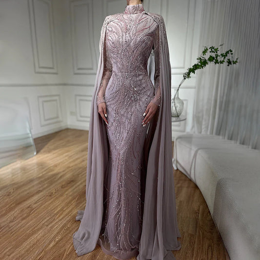 Luxury Muslim Sage Green Evening Dresses Gowns with Cape Long Sleeves LA72413A