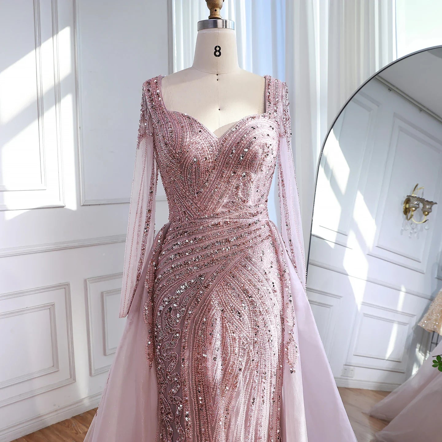 Luxury Dubai Pink Evening Dress Long Sleeve with Train LA73198