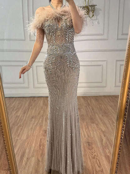 Luxury Nude Halter Feather Crystal Evening Dress LA73349