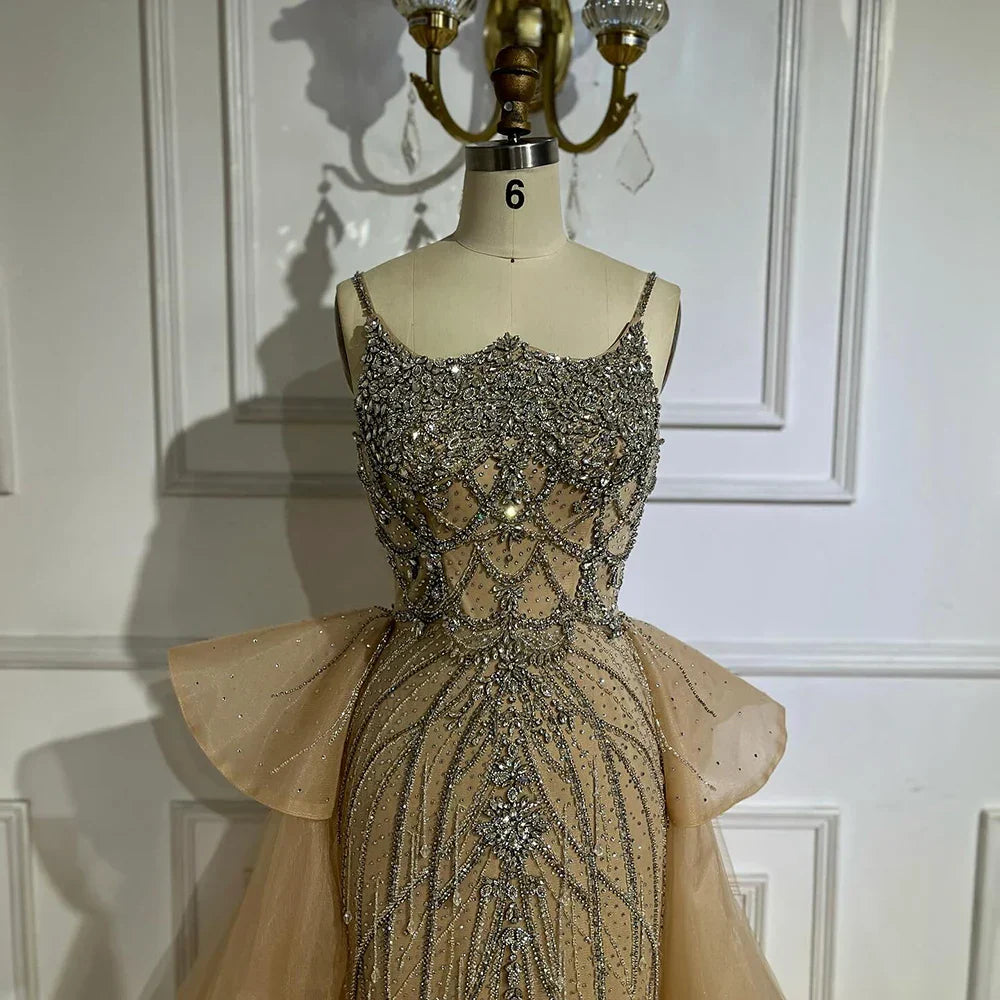 Luxury Dubai Nude Saudi Beaded Spaghetti Strap Evening Dress with Overskirt LA72810