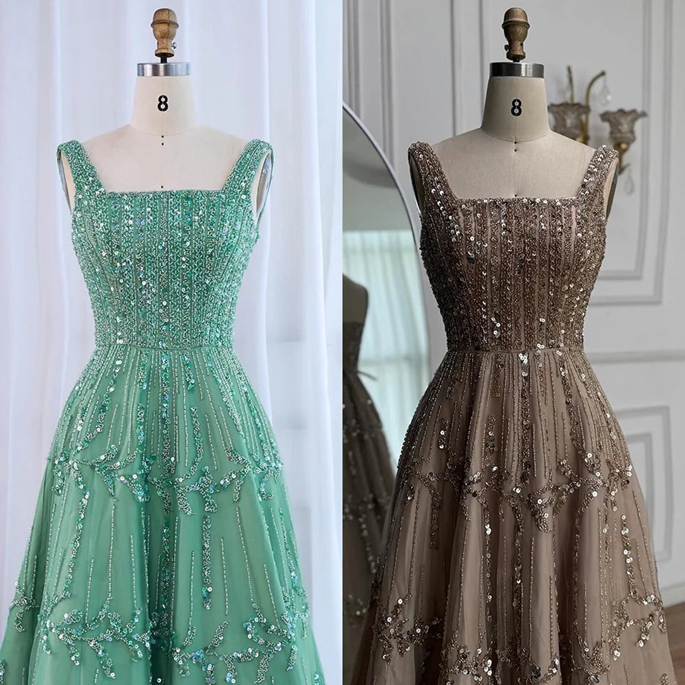 Elegant Sage Green Beaded A-Line Evening Dress LA73064