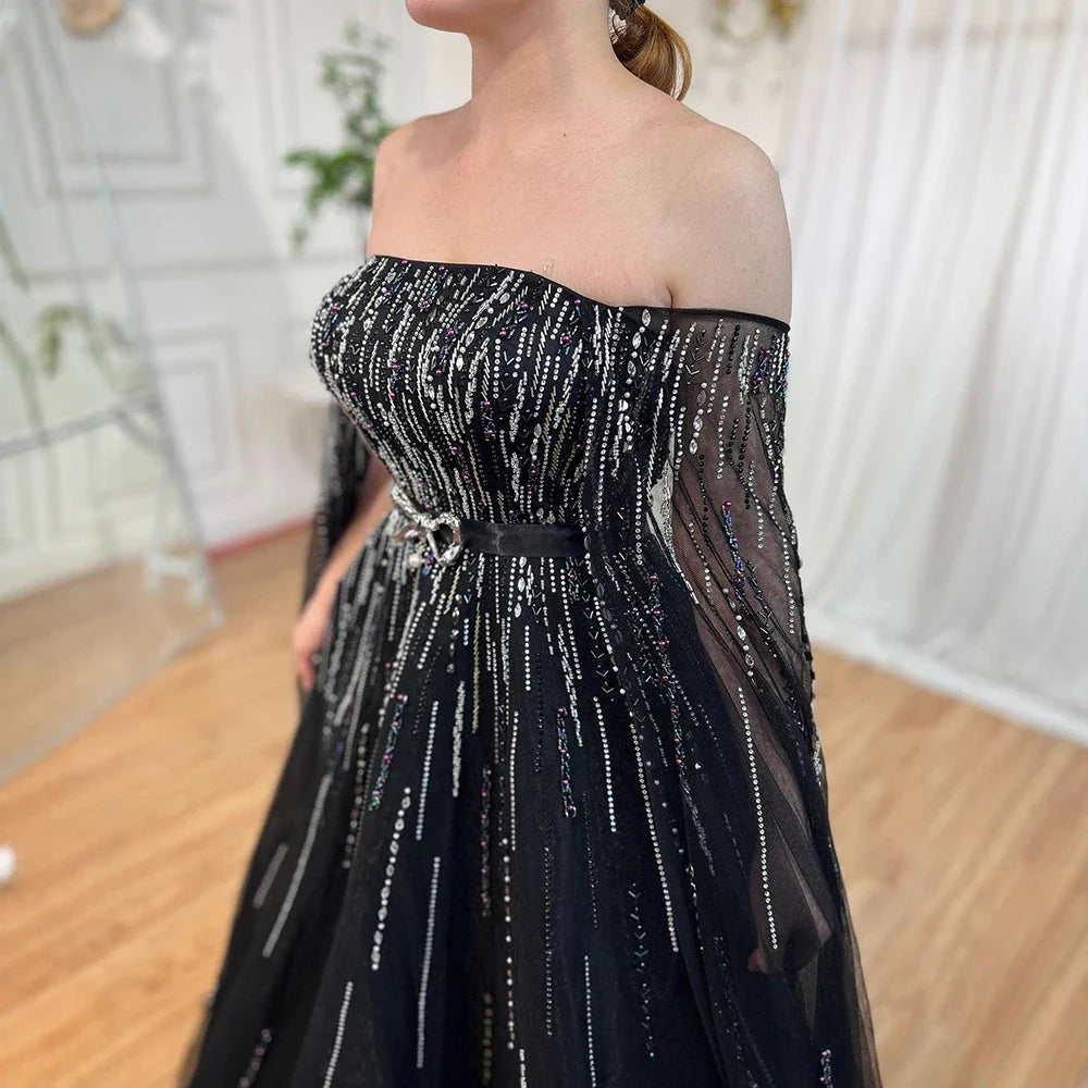 Luxury Black A Line Beaded Evening Dress with Cape Sleeves LA71824