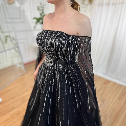 Luxury Black A Line Beaded Evening Dress with Cape Sleeves LA71824