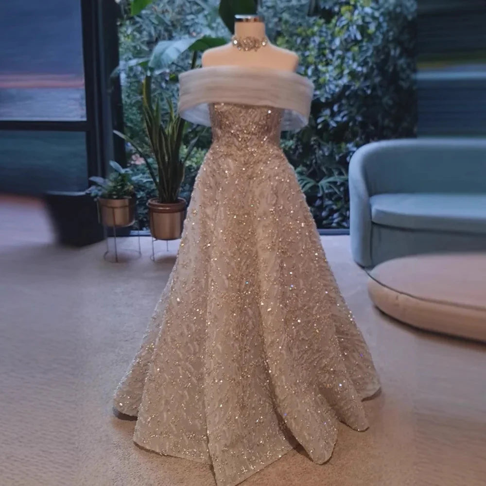 Glamorous Silver Gray Off Shoulder Beaded A-Line Evening Dress LA73062