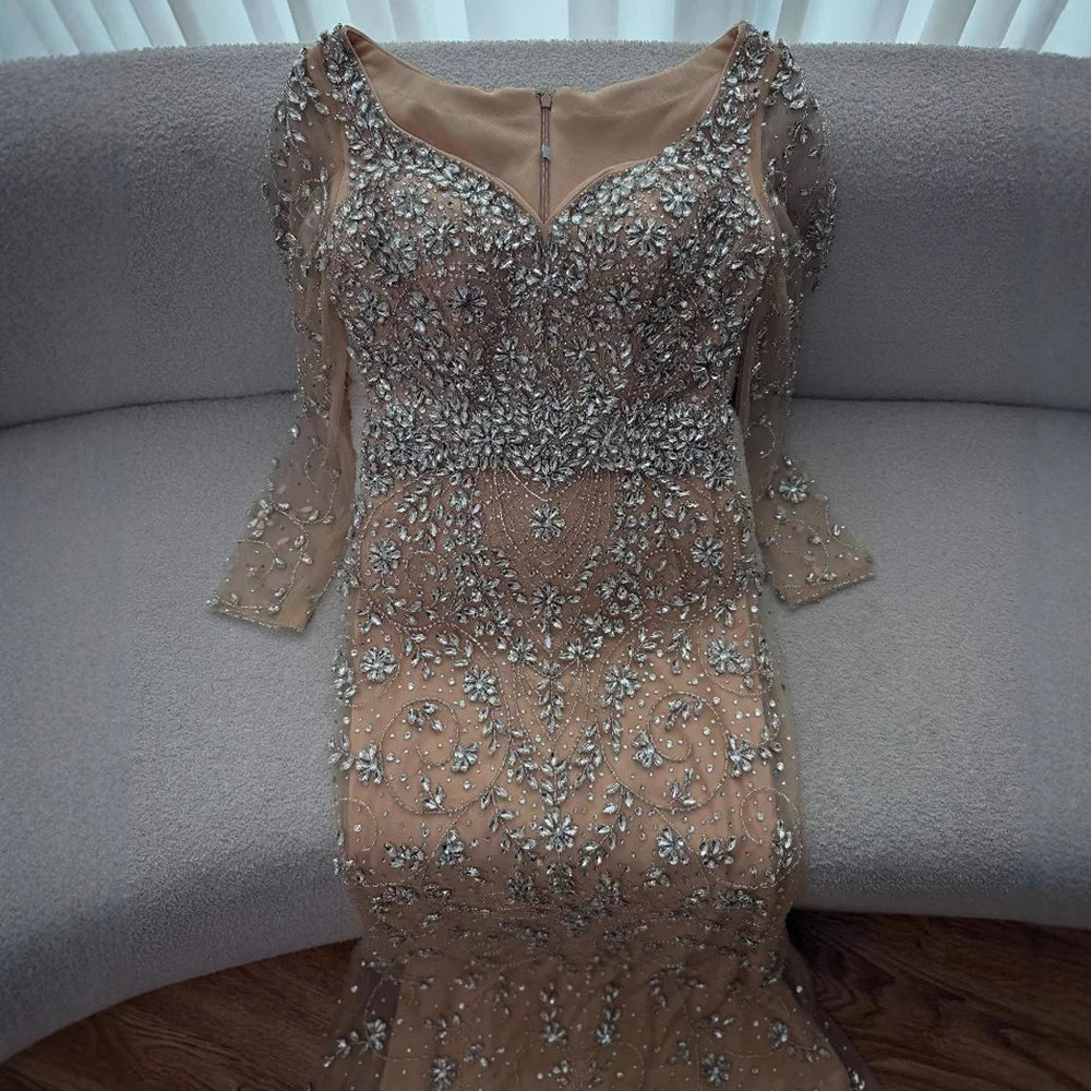 Luxury Nude Beaded Crystal Mermaid Evening Dress with Long Sleeves LA73042