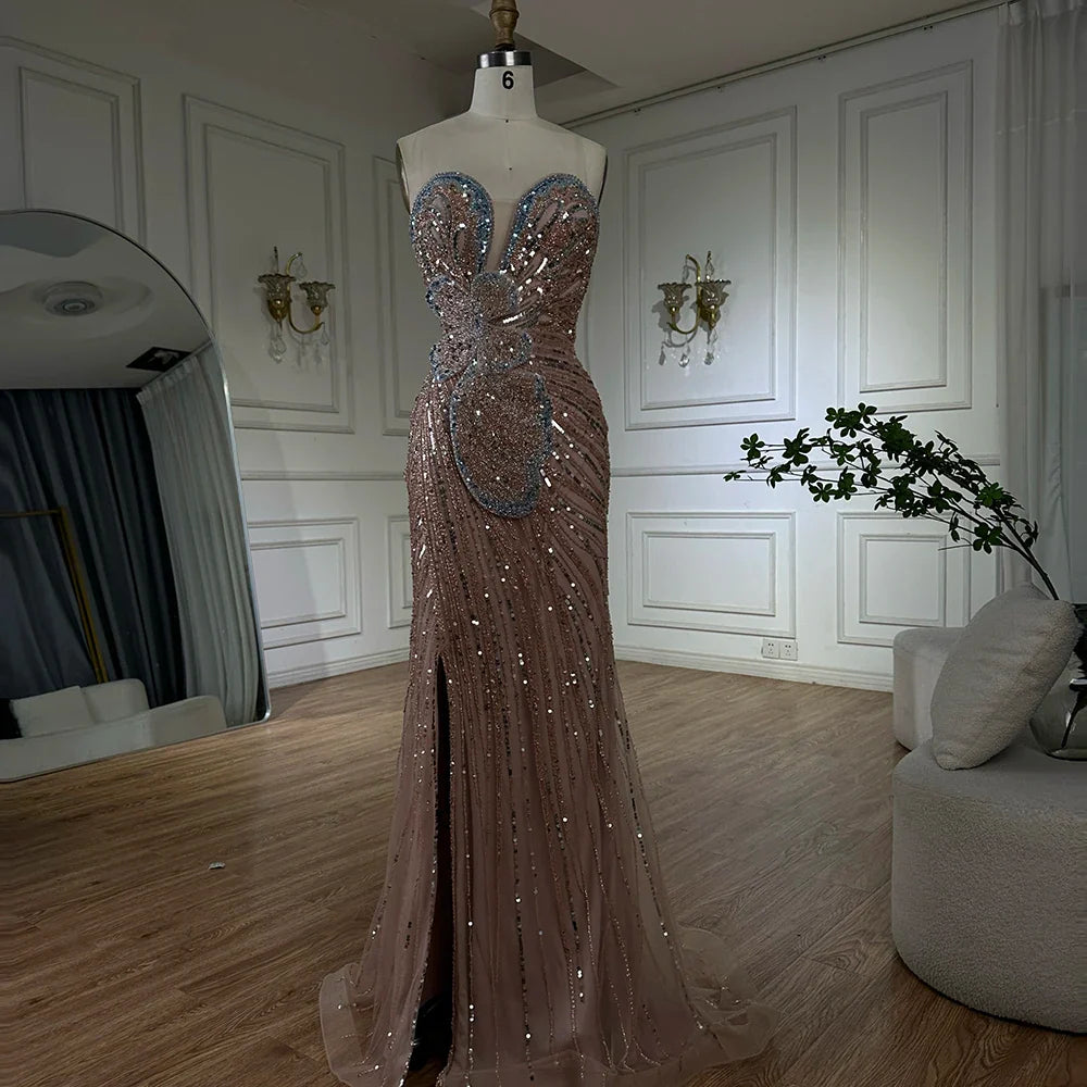 Luxury Arabic Pink Mermaid Evening Dress With High Split LA72480