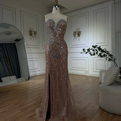 Luxury Arabic Pink Mermaid Evening Dress With High Split LA72480