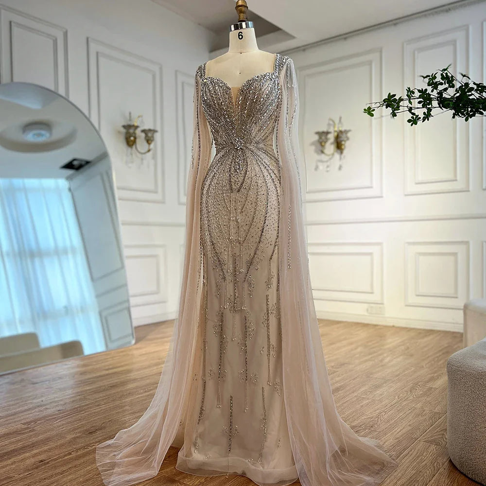 Elegant Beige Beaded Evening Dress with Cape Sleeves LA72992