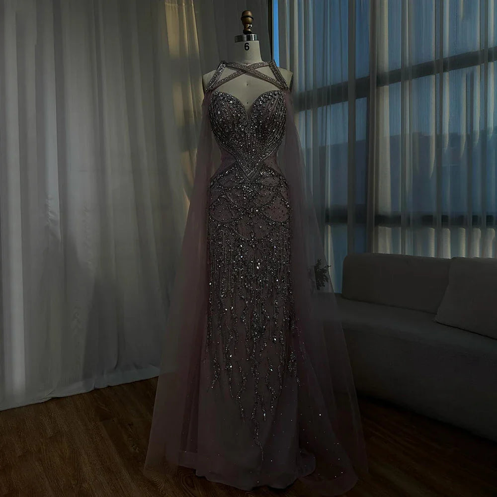 Luxury Nude Cape Sleeves Beaded Crystal Evening Dress LA72806