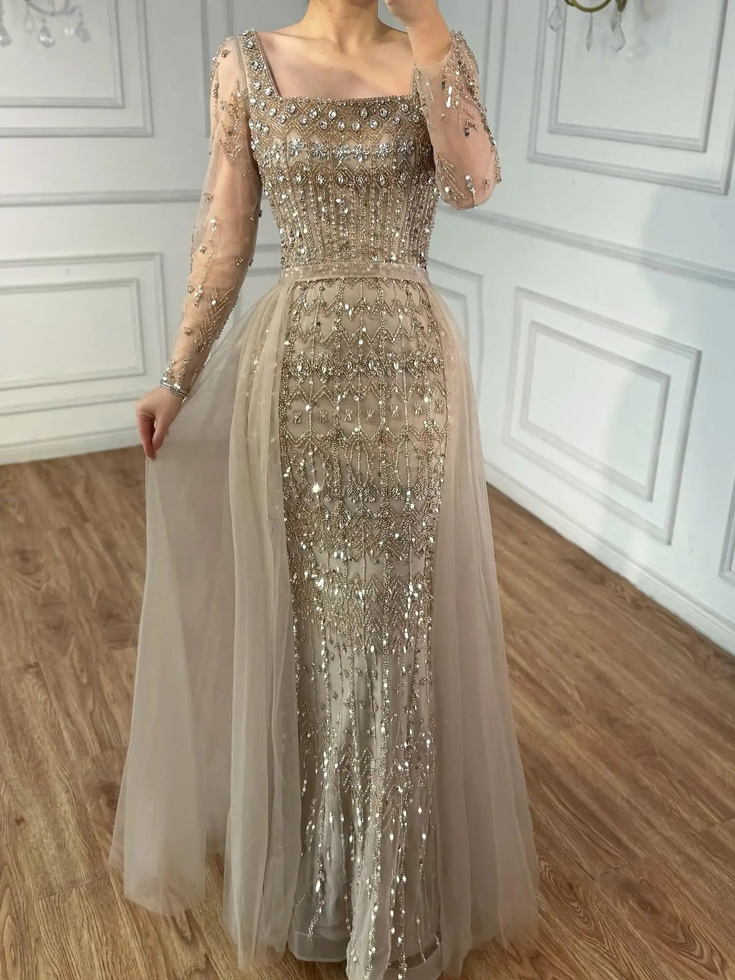 Luxury Arabic Square Neck Beaded Mermaid Evening Dress LA72714D