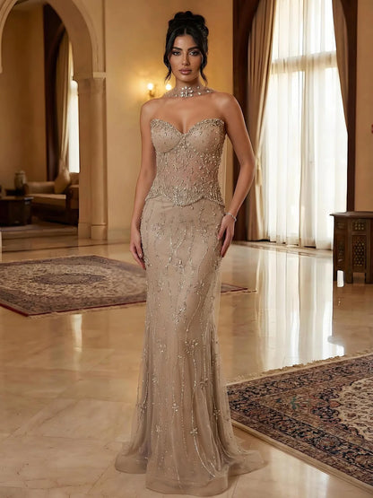 Luxury Nude Beaded Mermaid Evening Dress LA73336
