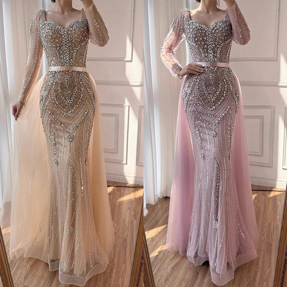 Luxury Nude Beaded Mermaid Evening Dress with Overskirt LA73190