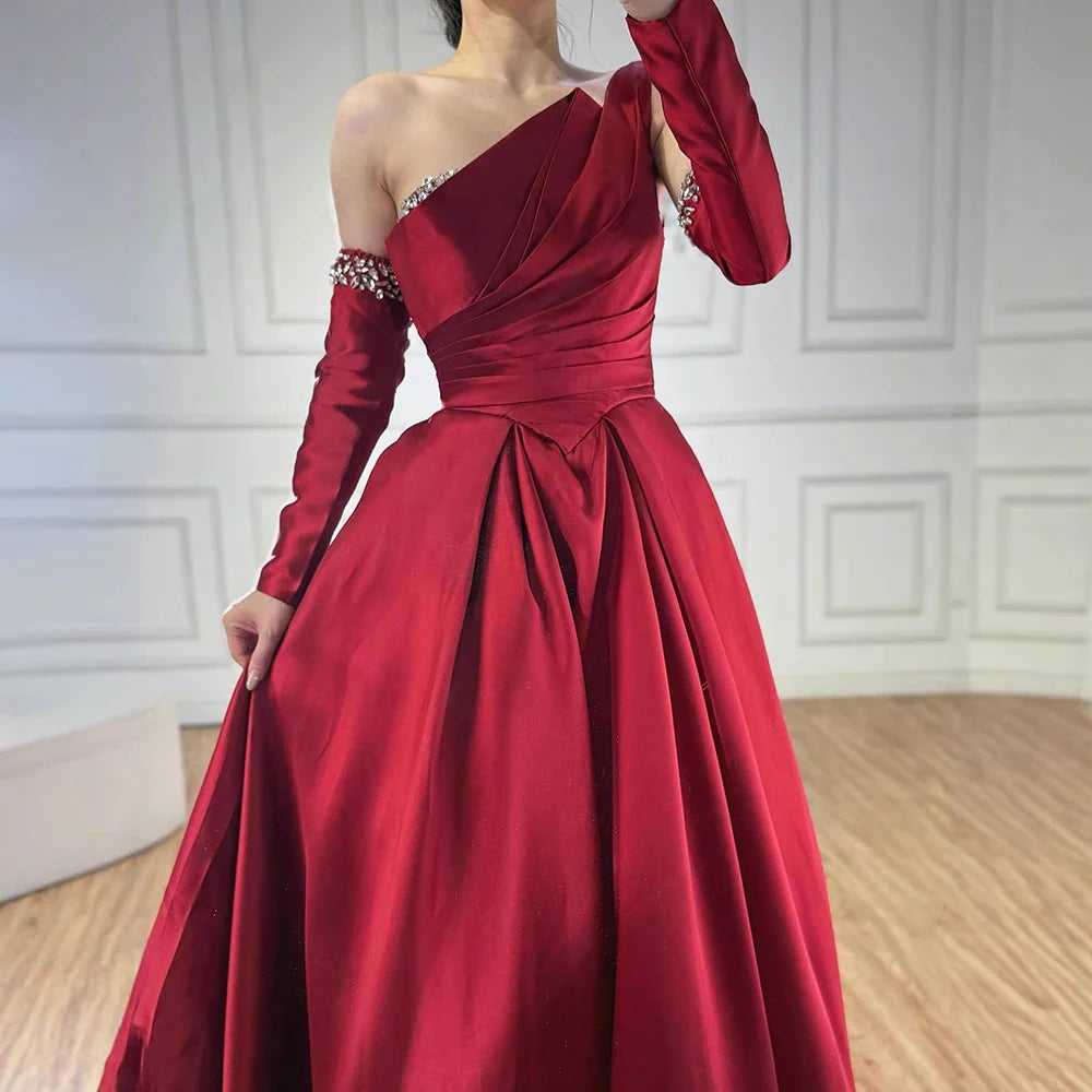 Luxury Black Satin One Shoulder Beaded A-Line Evening Dress LA72741