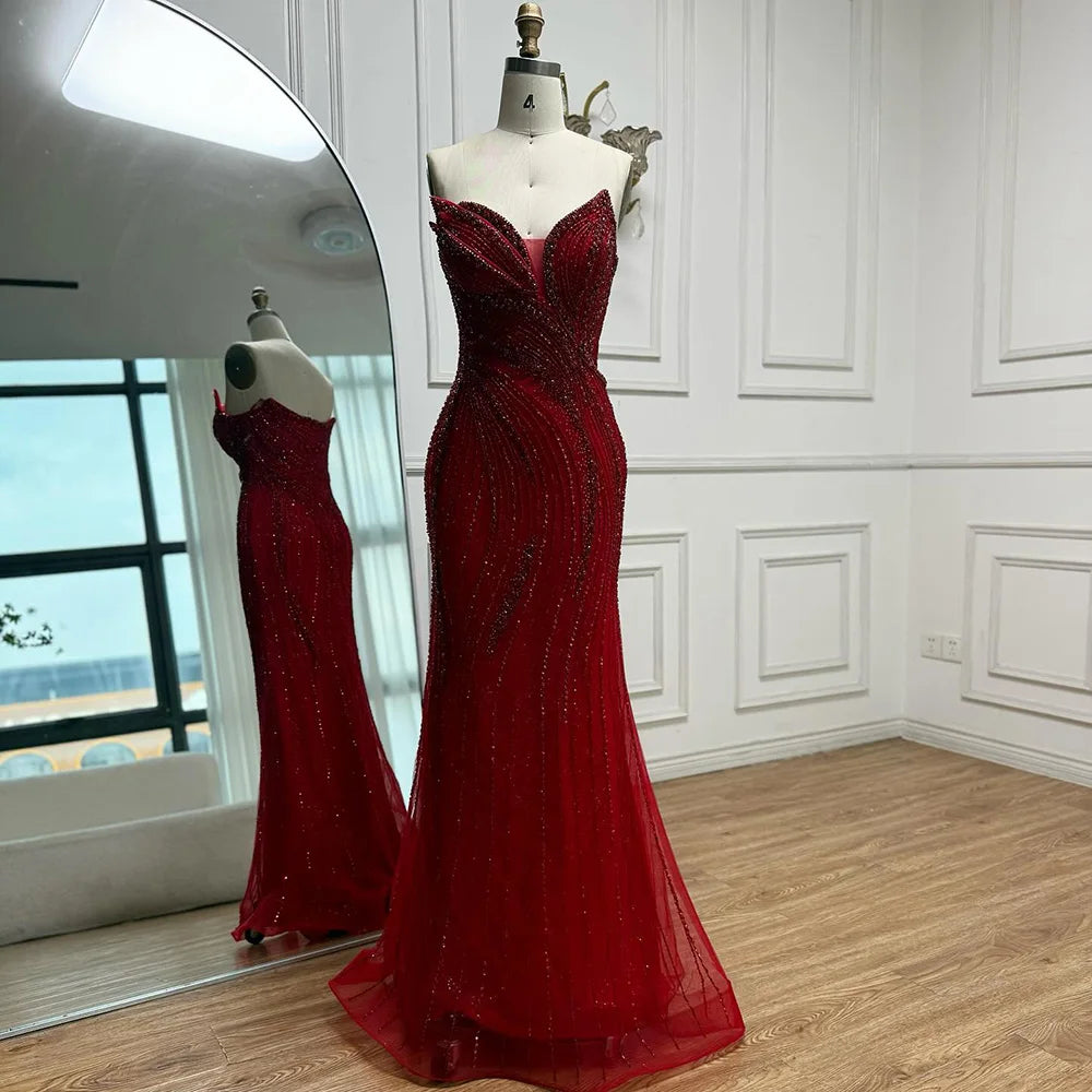 Luxury Red Strapless Mermaid Evening Dress with Cape LA72896