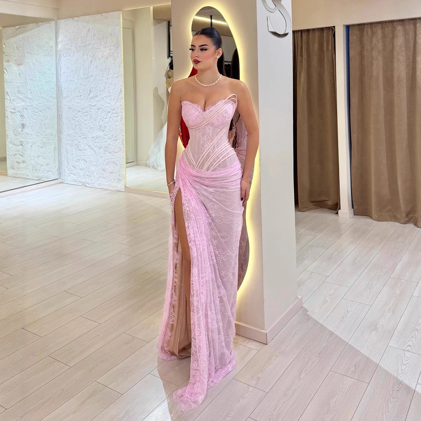 Luxury Pink Saudi Arabic Lace Embroidery Evening Dress LA73373
