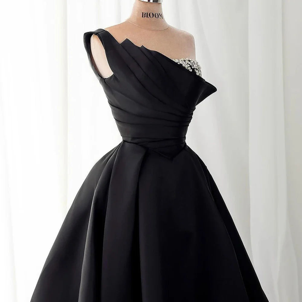 Luxury Black Satin One Shoulder Beaded A-Line Evening Dress LA72741