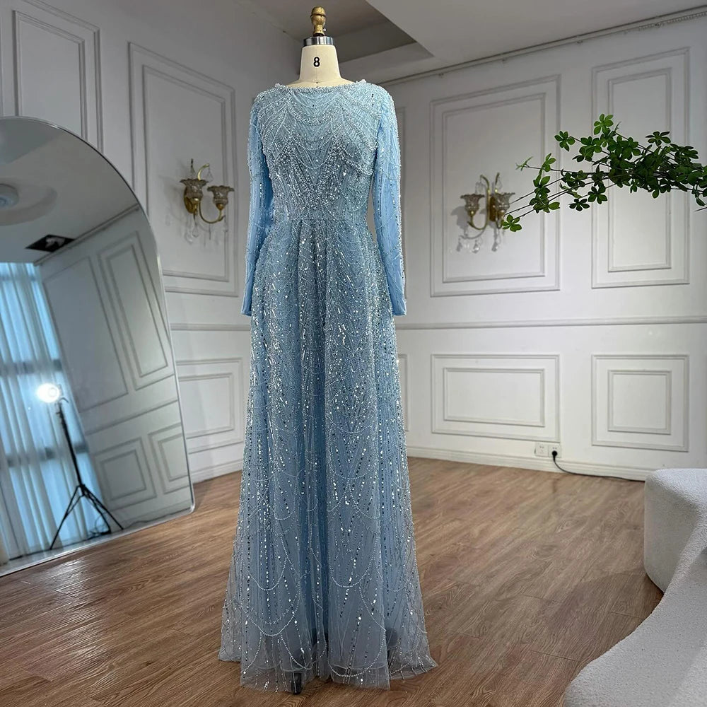 שמלת ערב יוקרתית בגזרת A עם חרוזים בצבע ירוק זית ושרוולים ארוכים LA72738B