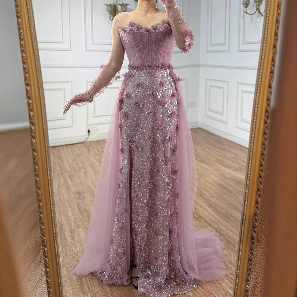 Elegant Pink 3D Floral High Slit Evening Gown with Gloves Overskirt LA72937