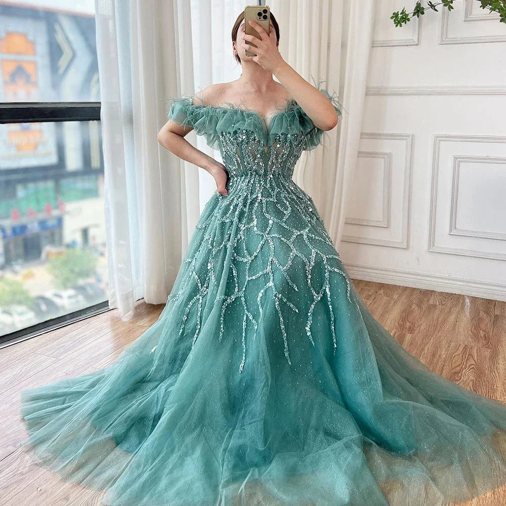 Luxury Turquoise Beaded Feather A Line Evening Dress LA71328