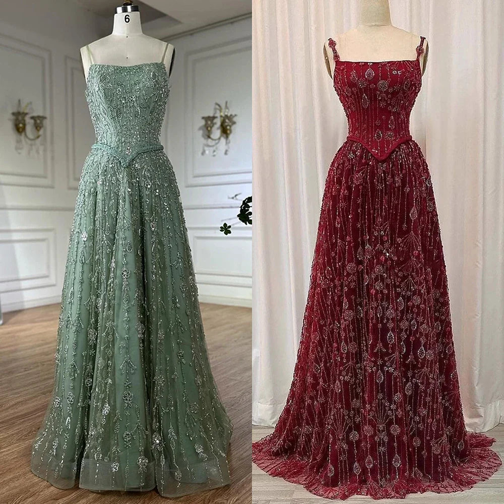Luxury Sage Green Beaded A Line Spaghetti Strap Evening Dresses Gown LA72805